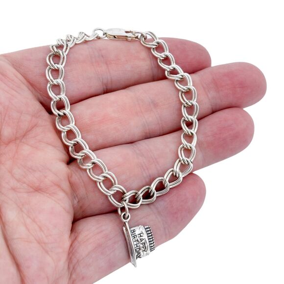 Vintage Sterling Silver 925 "Happy Birthday" Cake Charm Bracelet 7.25" - Picture 1 of 7